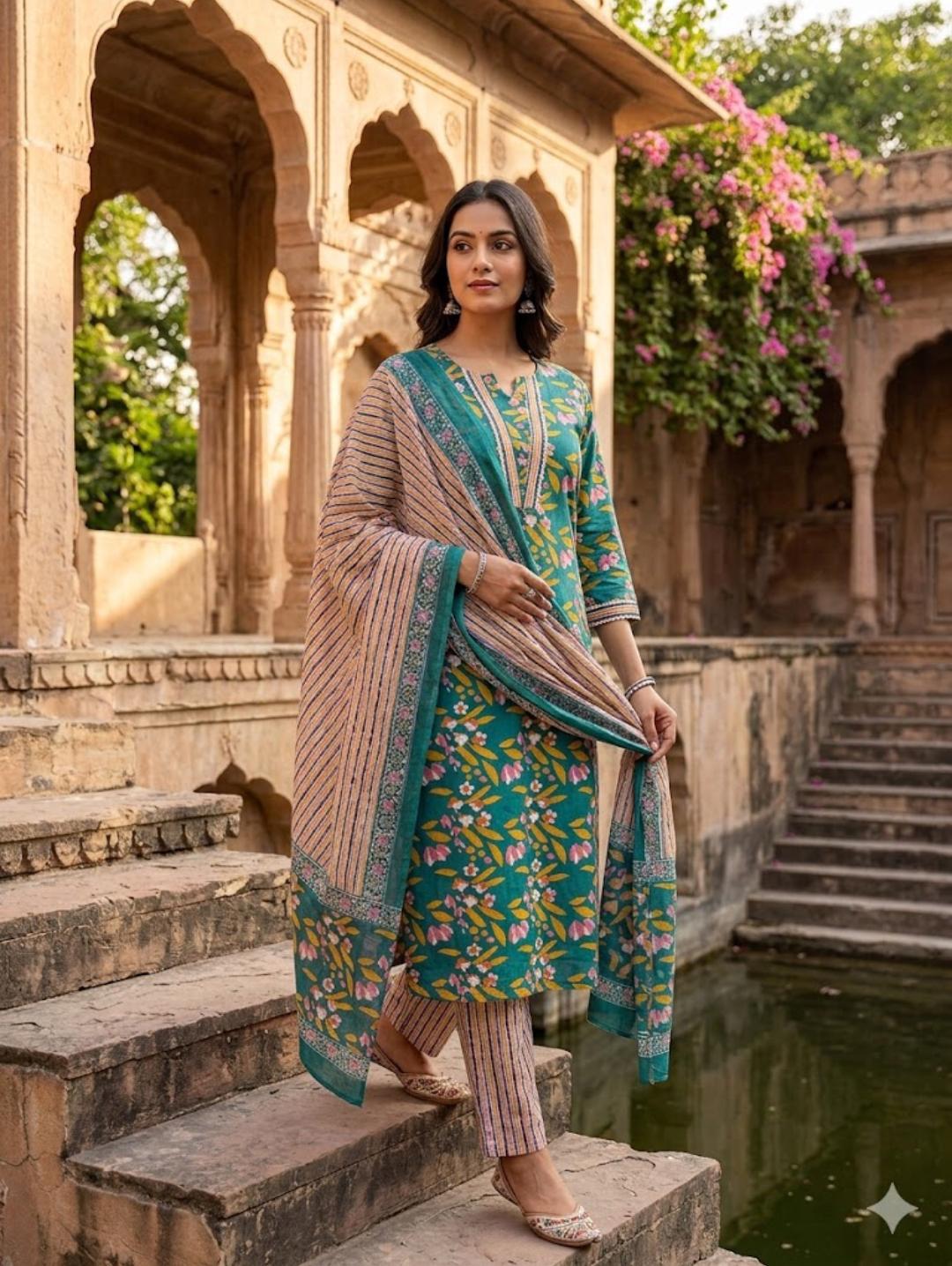PEACOCK TEAL FLORAL PRINT COTTON KURTA SET WITH STRIPED DUPPATA & PANT - Dora & Masters