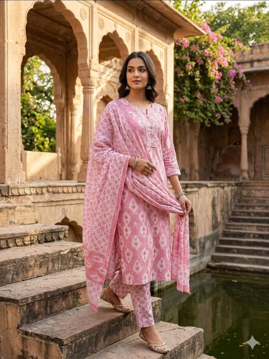 PINK COTTON BLOCK PRINT SUIT - Dora & Masters