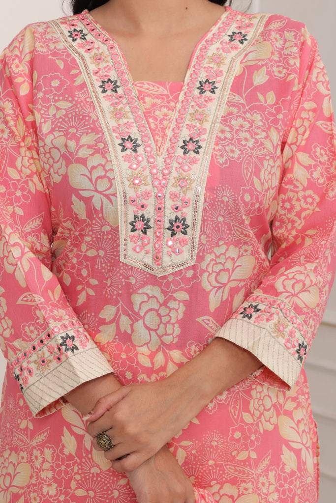 Pink Kurta Pant Set with Floral Work and Dupatta