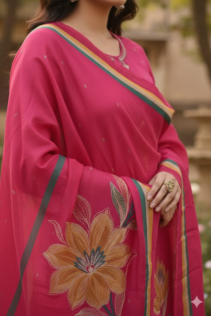 Pink Kurta Pant Set with Floral Work and Dupatta