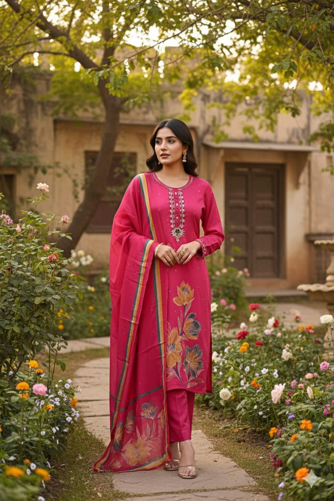 Pink Kurta Pant Set with Floral Work and Dupatta