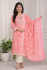 Pink Kurta Pant Set with Floral Work and Dupatta