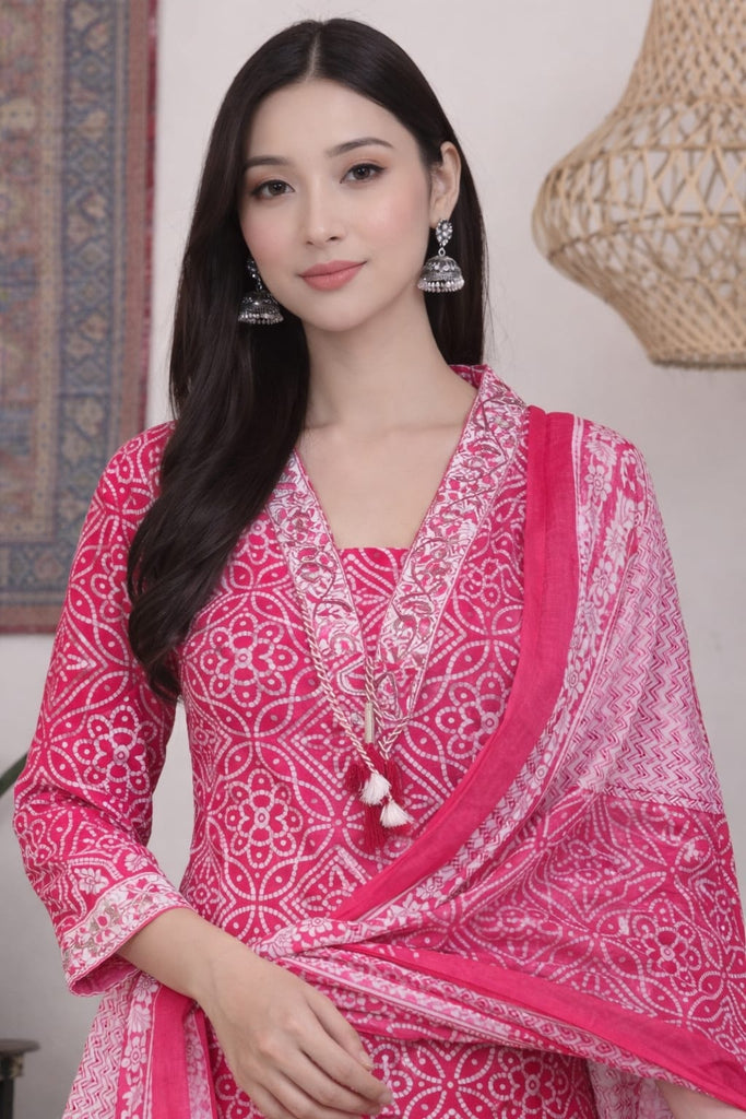 Pink Printed Kurti Set with Dupatta