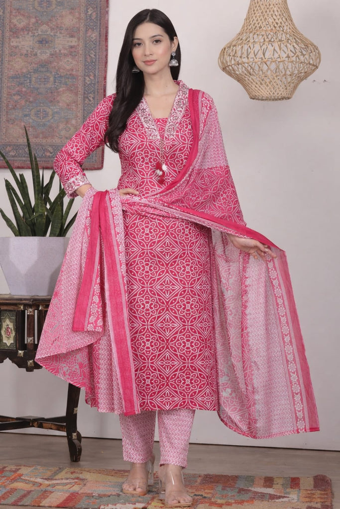 Pink Printed Kurti Set with Dupatta