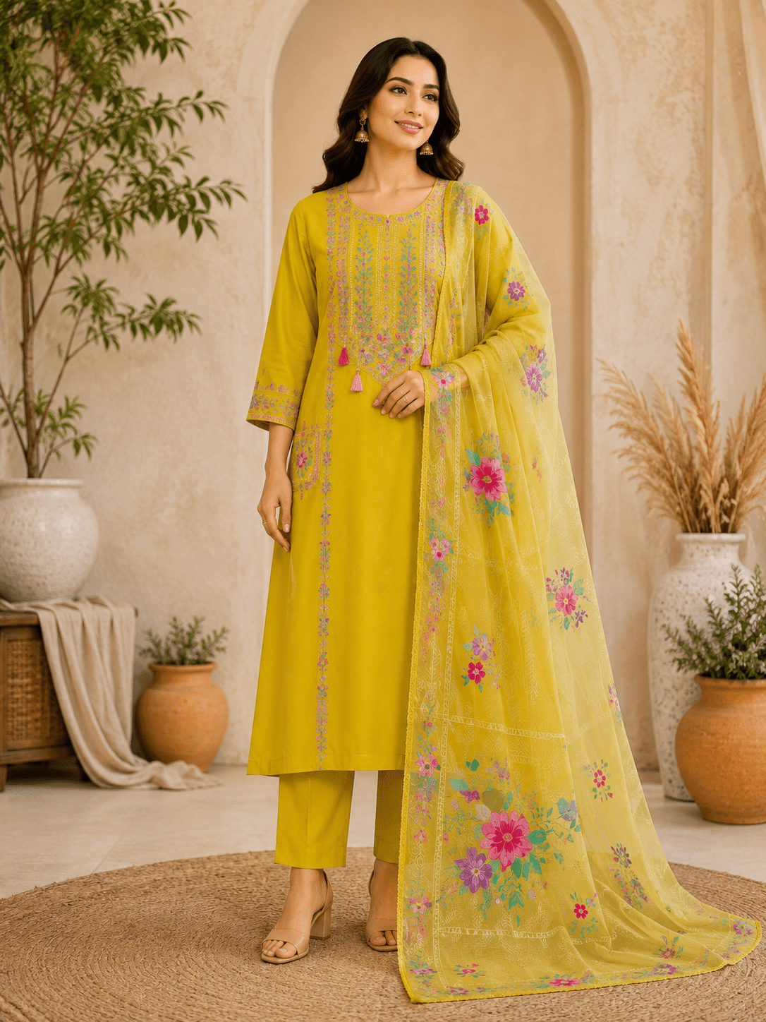 Premium Yellow Embroidered Kurta Set with Floral Dupatta | Doraa Masters - Dora & Masters