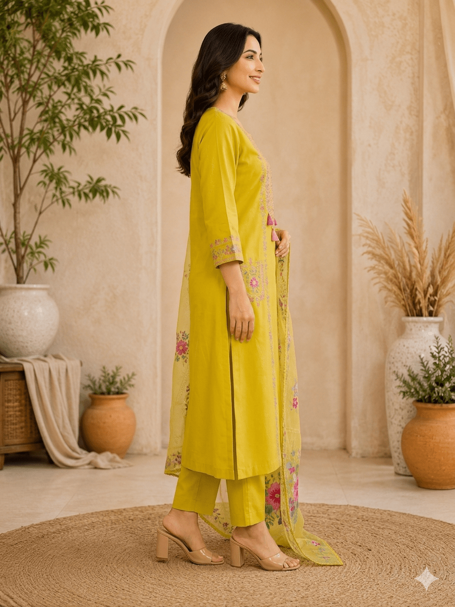 Premium Yellow Embroidered Kurta Set with Floral Dupatta | Doraa Masters - Dora & Masters