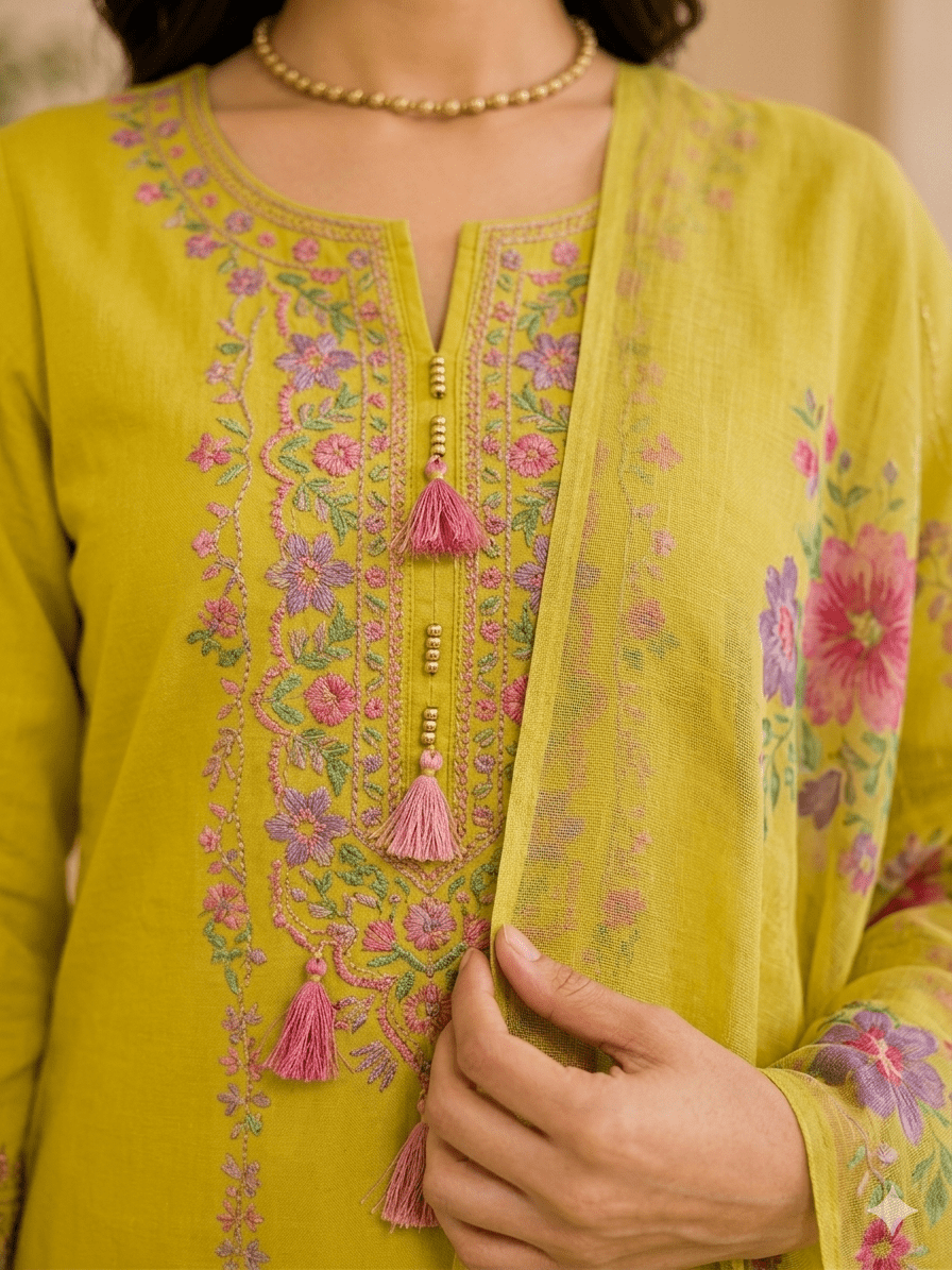 Premium Yellow Embroidered Kurta Set with Floral Dupatta | Doraa Masters - Dora & Masters