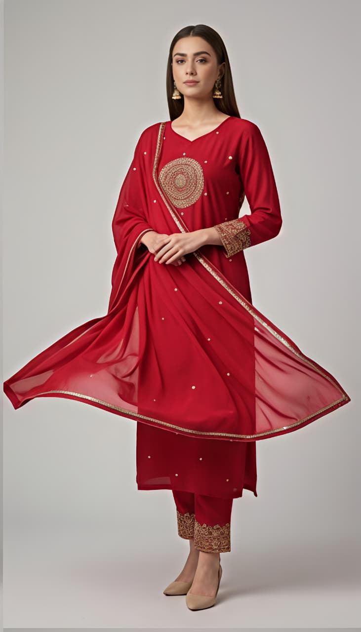 Red Embroidered Kurta Set with Dupatta - Dora & Masters