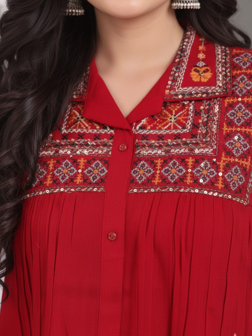 Red Embroidered Kurta Set with Straight Pants – Dora & Masters - Dora & Masters
