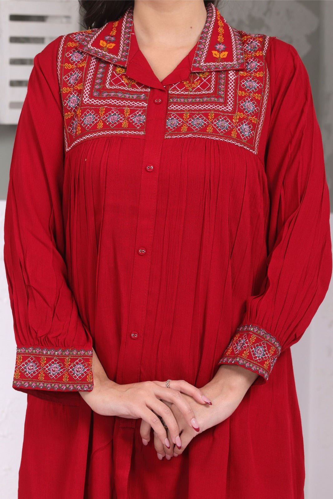 Red Embroidered Kurta Set with Straight Pants – Dora & Masters - Dora & Masters