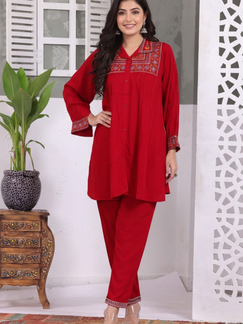 Red Embroidered Kurta Set with Straight Pants – Dora & Masters - Dora & Masters
