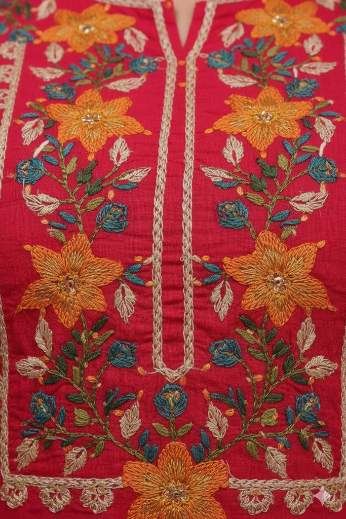 Red Kurta Pant Set with Floral Work