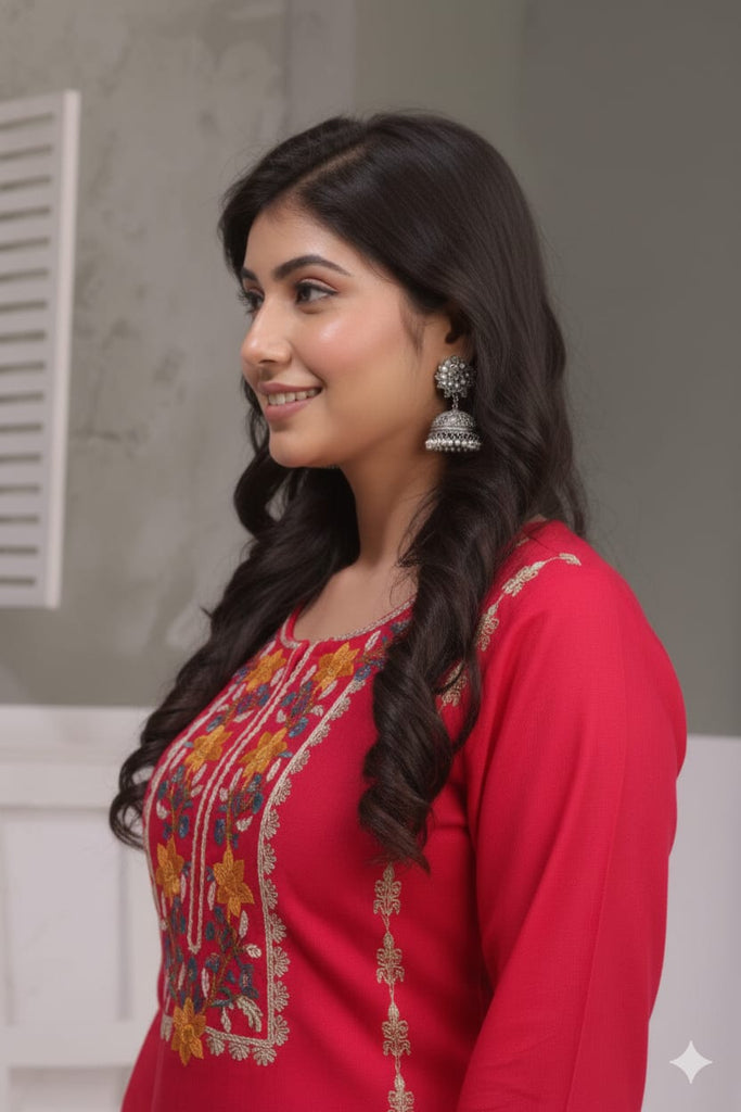 Red Kurta Pant Set with Floral Work
