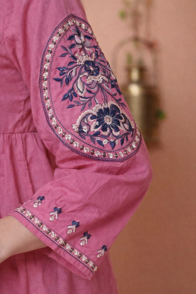 Rose Pink Anarkali Kurta Pant Set with Floral Work