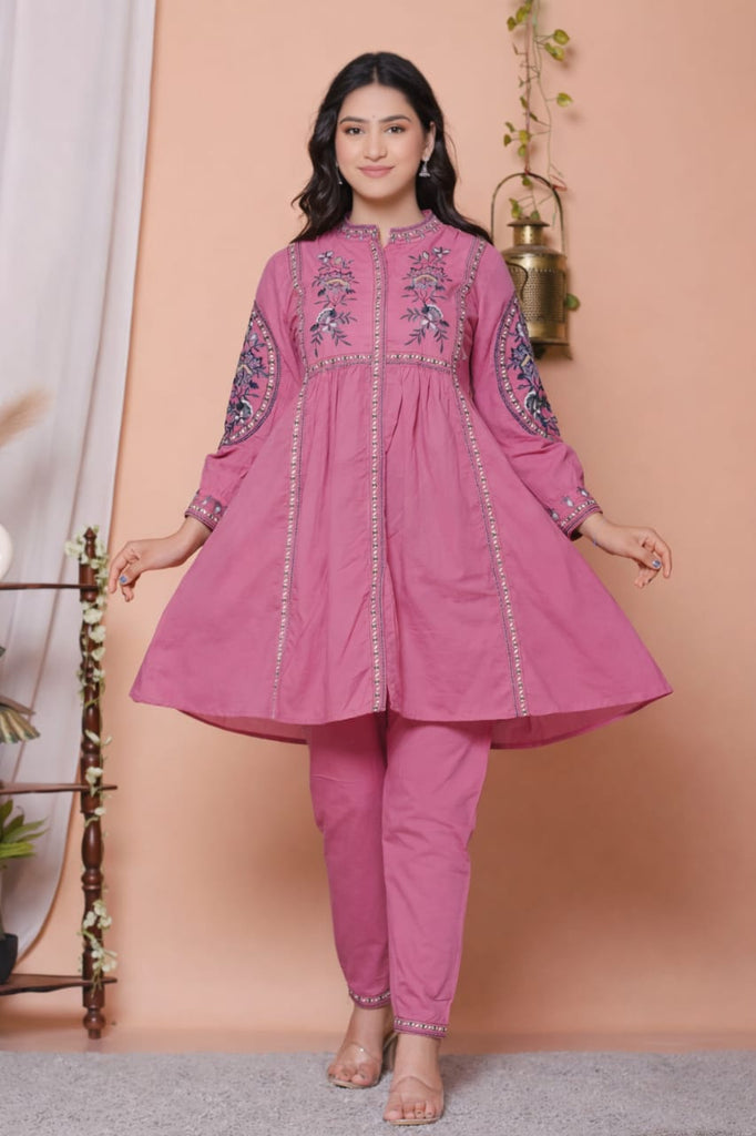 Rose Pink Anarkali Kurta Pant Set with Floral Work