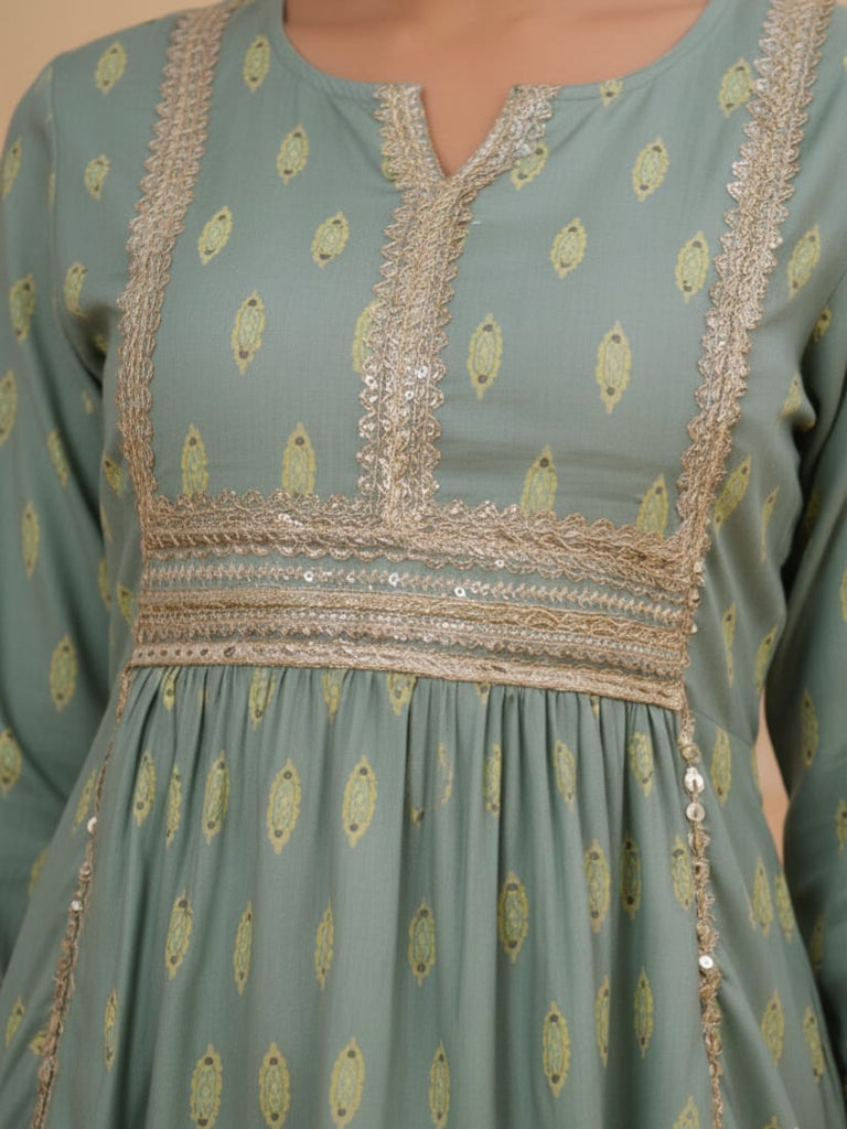 SAGE GREEN PRINTED — Sage Green Kurta Set