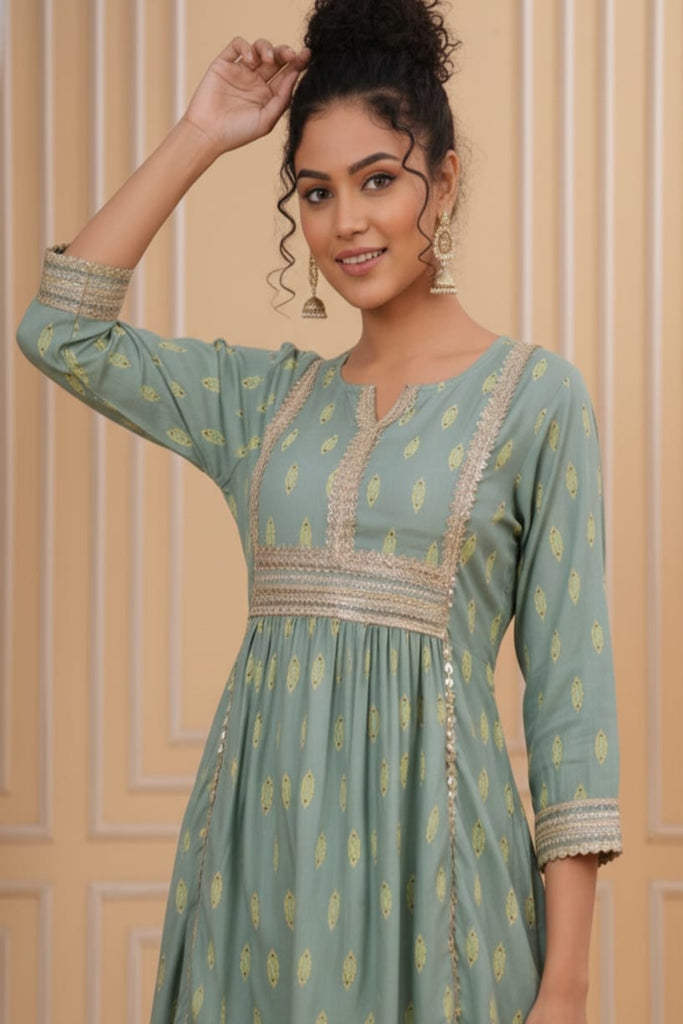 SAGE GREEN PRINTED — Sage Green Kurta Set