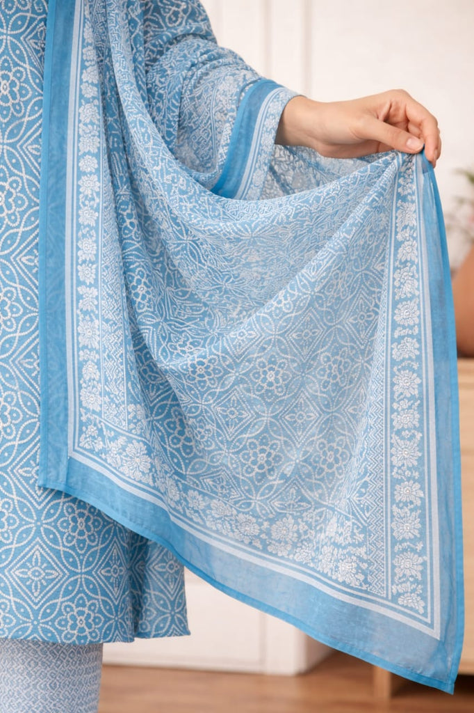 Sky Blue Kurta Pant Set with Floral Work and Dupatta