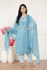 Sky Blue Kurta Pant Set with Floral Work and Dupatta