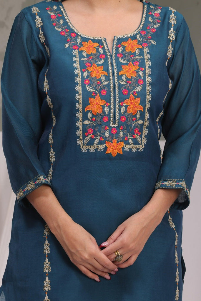 Teal Blue Embroidered Kurta Pant Set