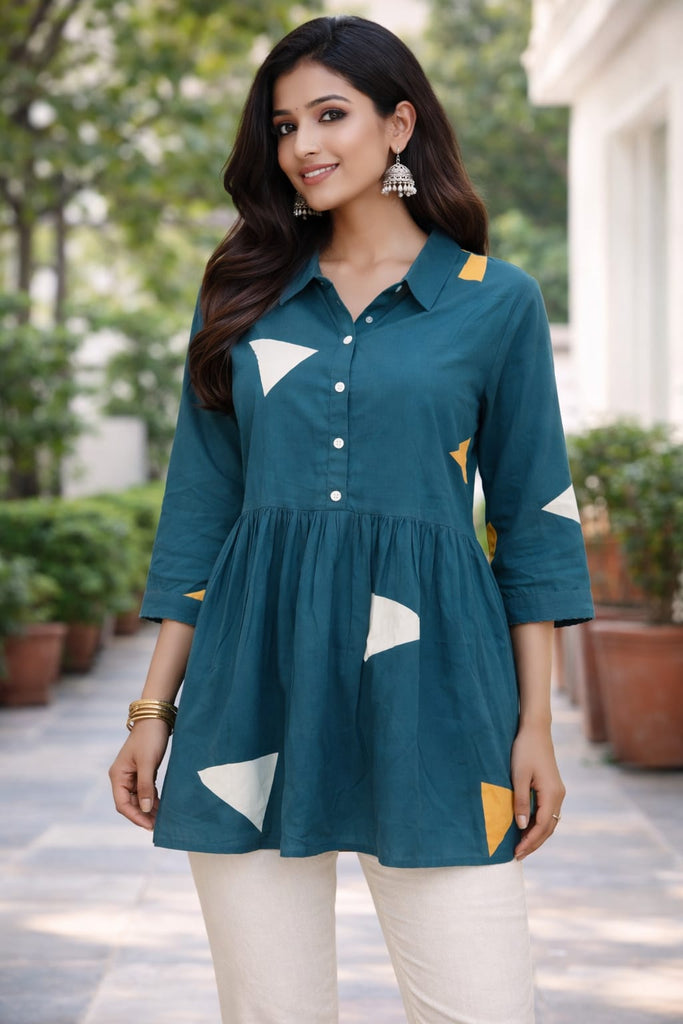 Teal Green Printed Short Kurti for Women