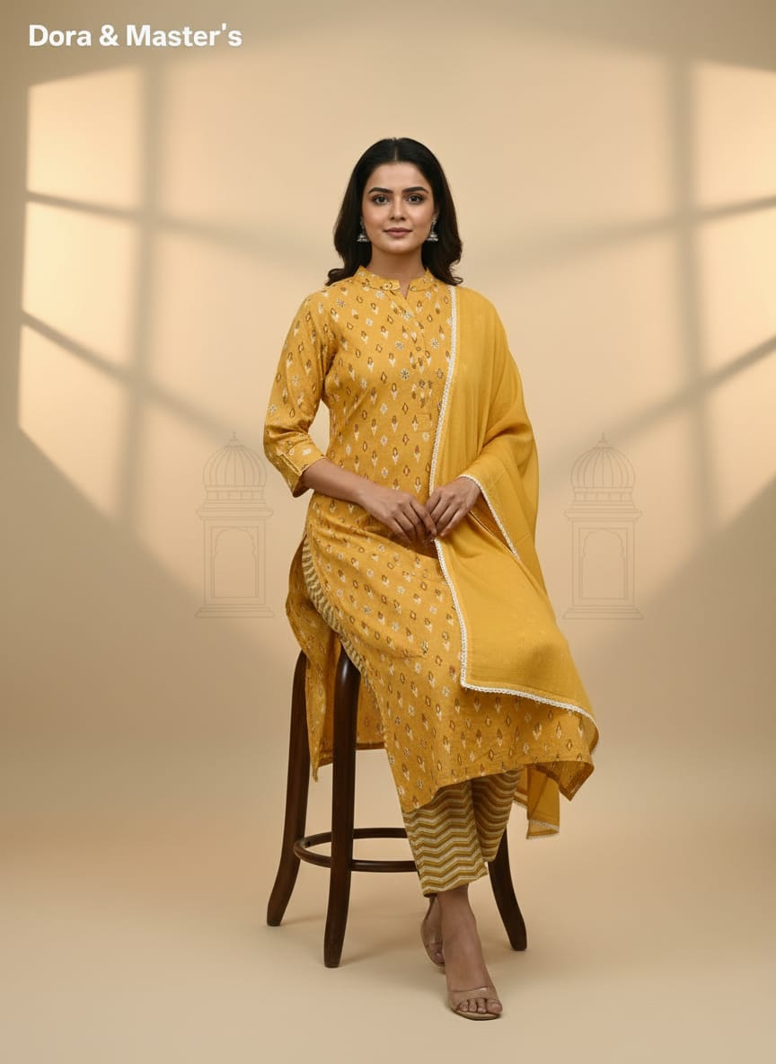 Vibrant Mustard Yellow Ethnic Kurta Set with Lace Detailing - Dora & Masters