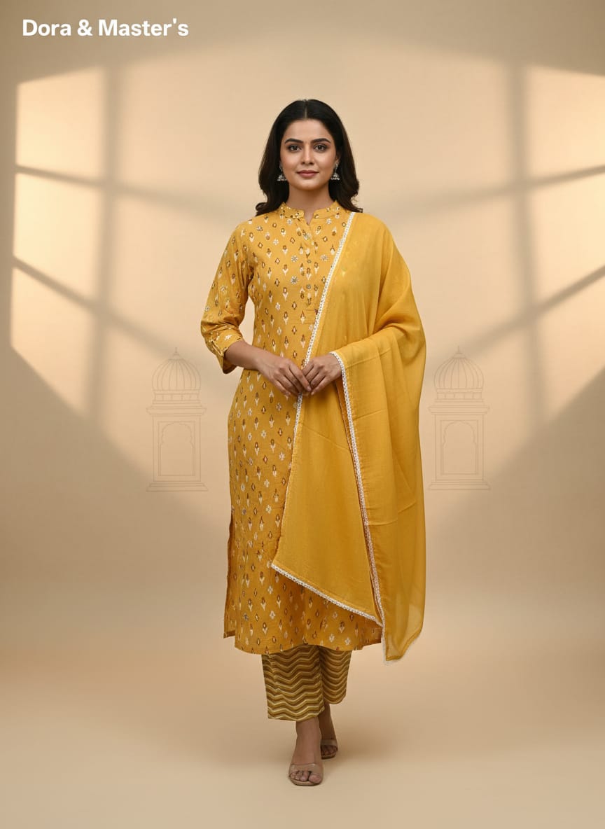 Vibrant Mustard Yellow Ethnic Kurta Set with Lace Detailing - Dora & Masters