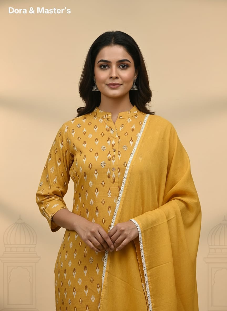 Vibrant Mustard Yellow Ethnic Kurta Set with Lace Detailing - Dora & Masters