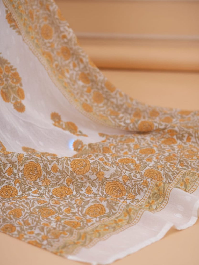 White Mustard Floral Kurta Set with Dupatta — Elegant Ethnic Charm