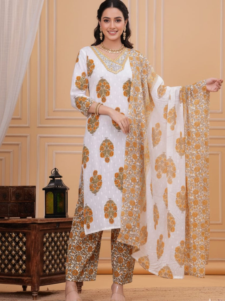 White Mustard Floral Kurta Set with Dupatta — Elegant Ethnic Charm - Dora & Masters