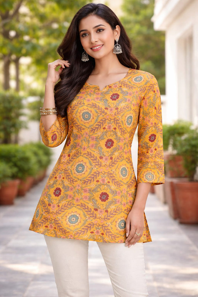 Women Yellow Printed Short Kurti