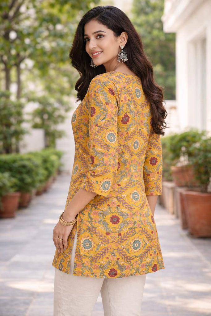 Women Yellow Printed Short Kurti